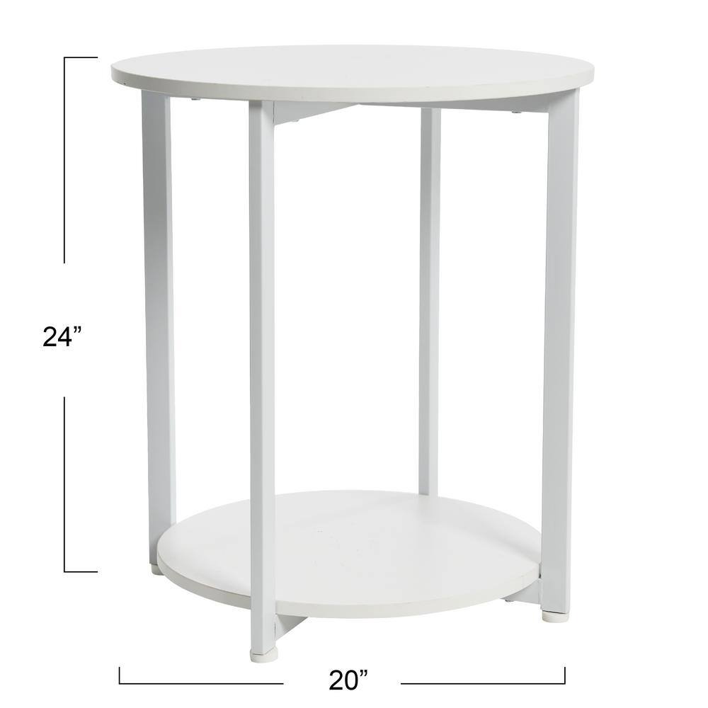 White Round Minimalist End Table with Metal Frame and Shelf