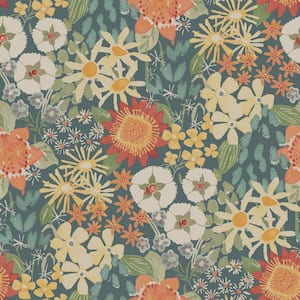 Karina Blue Teal Wildflower Garden Wallpaper Sample