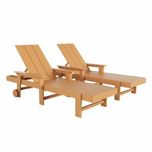 Shoreside 2-Piece Teak Fade Proof Plastic Portable Poly Reclining Outdoor Patio Chaise Lounge Arm Chairs with Wheels