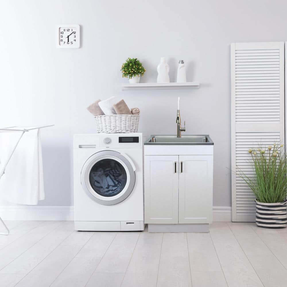24-Inch White Freestanding Laundry Sink with Stainless Steel Faucet