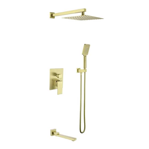 Tomfaucet 3-Spray Patterns 10 in. Wall Mount Dual Shower Heads Shower System with Tub Faucet in Brushed Gold