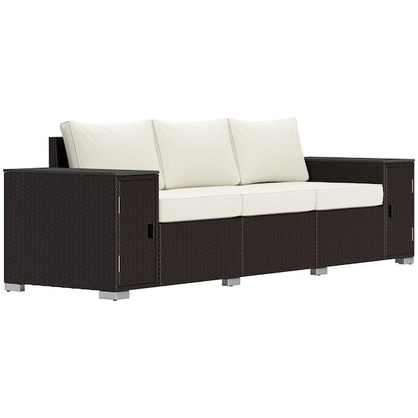Outsunny Brown Wicker Outdoor Couch with Cream White Cushions