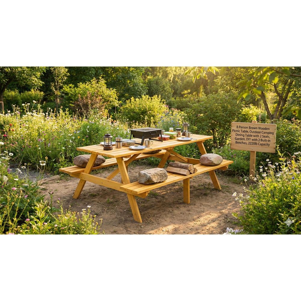 75 in. Natural Rectangle Wood Picnic Table Seats 8 People with 2