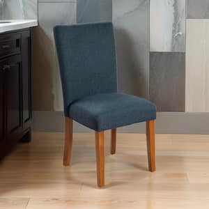 Blue and Brown Fabric Upholstered Parson Dining Chair with Wooden Legs, Navy (Set of 2)