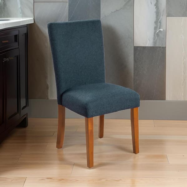 Benjara Blue and Brown Fabric Upholstered Parson Dining Chair with Wooden Legs, Navy (Set of 2)