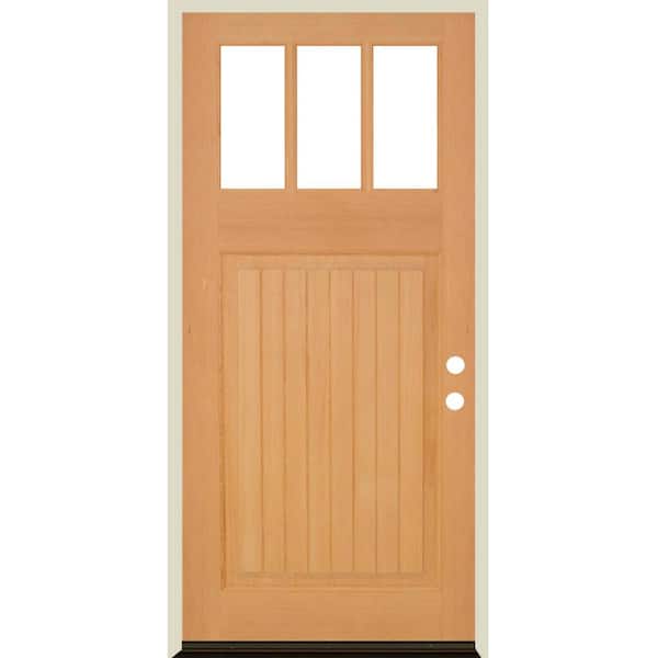 Krosswood Doors 36 in. x 80 in. Craftsman 3 Lite V Groove Natural Stain Left-Hand/Inswing Hemlock Prehung Front Door