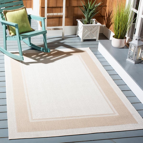 Martha Stewart Ivory/Beige 9 ft. x 12 ft. Solid Border Indoor/Outdoor Patio Area Rug