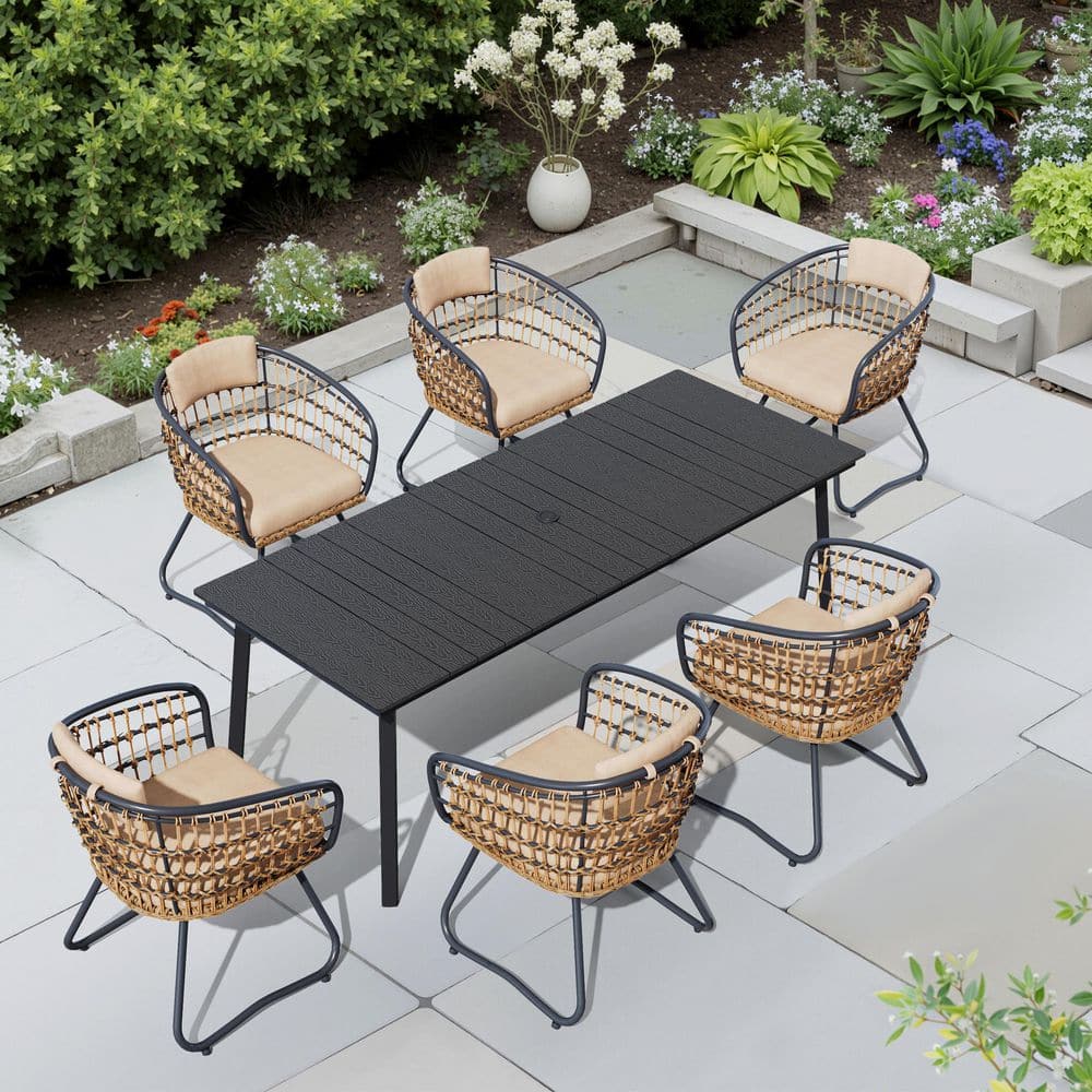7-Piece 80in. Black Metal Wood-Like Patio Outdoor Dining Set with Umbrella Hole, Faux Rattan Wicker Beige Cushion Chairs price history on PriceWatchPro