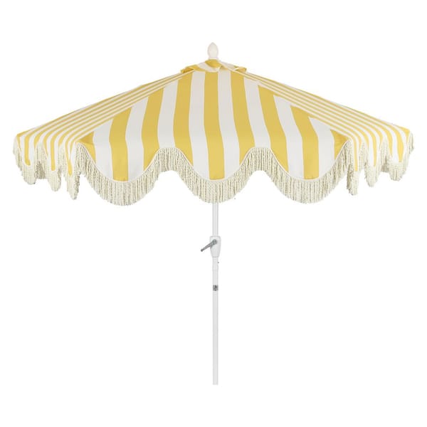 Collins 9 ft. Classic Cottage Fringe Tassel Market Patio Umbrella in Mustard Yellow and White Stripe/Cream, White Pole