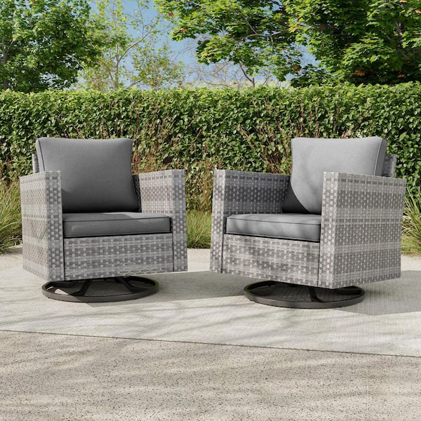 Sonkuki 2-Piece Patio Sofa Set Gray Wicker Furniture Set Swivel Rocking Sofa Outdoor Rocking Chair with Gray Cushion