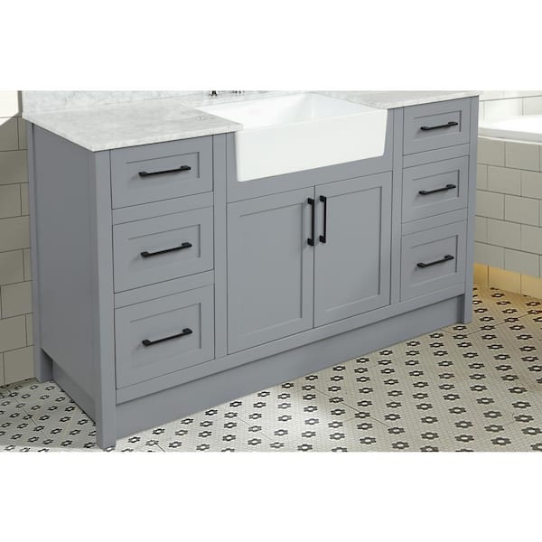  EQLOO 60 Grey Square Double Sink Bathroom Vanity Compact Set 4  Large Folding Doors 5 Drawers Carrara White Marble Stone Top backsplash  Bathroom Cabinet No Mirror (60 inch, Grey