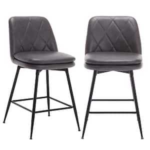 29 in. Grey Faux Leather Upholstered Metal Leg Counter Height Swivel Bar Stool (Set of 2)