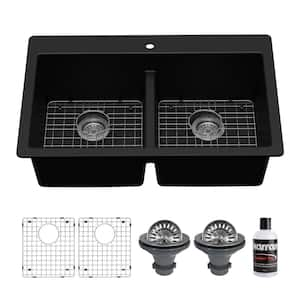 QT-810 Quartz/Granite 33 in. Double Bowl 50/50 Top Mount Drop-in Kitchen Sink in Black with Bottom Grid and Strainer