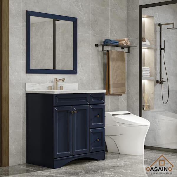 36 in. W x 22 in. D x 35.4 in. H Single Sink Solid Wood Bath Vanity in Navyblue with White Natural Marble Top and Mirror