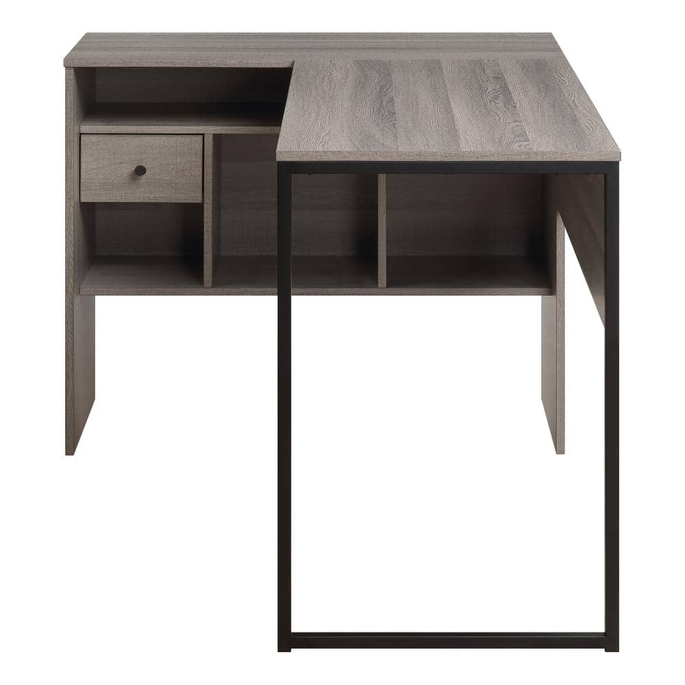 Gray Corner Wood Desk with Drawer and Storage Shelf