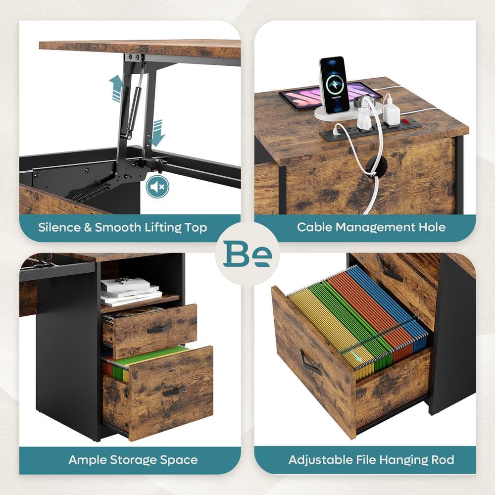 Rustic Brown Adjustable Height Computer Desk with Power Outlets and Drawers