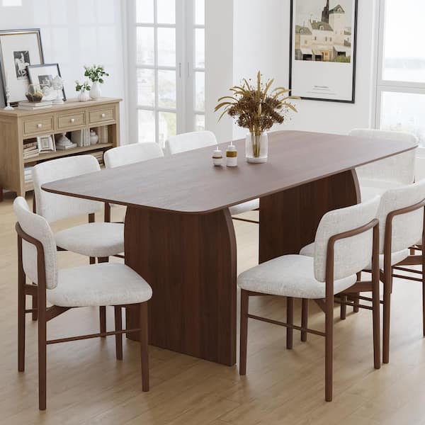 Dovelina Flora Walnut Color Oak Wood 79 in. Rectangle Double Pedestal Dining Table Seats 8
