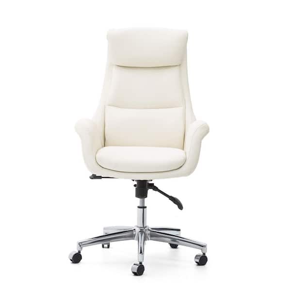 Glitzhome Mid-Century Modern White Leatherette Gaslift Adjustable Swivel Office Chair