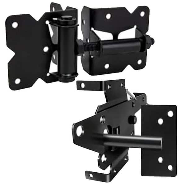 Self Locking Gate Latch and Hinges Set Heavy Duty Hardware for Vinyl Wood Fence with Screws and Adjuster Tool Black