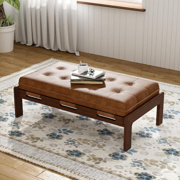 CHRISTOPHER KNIGHT HOME Arlo Upholstered PU Leather Rectangular Ottoman, Tufted, Rubberwood Base, Brown Plus Walnut