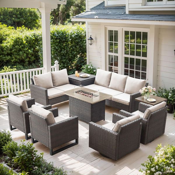 U-Series 9-Piece Outdoor Brown Wicker Sofa PE Rattan Wicker Patio Conversation Set with Cushion Guard Cushions (Beige)