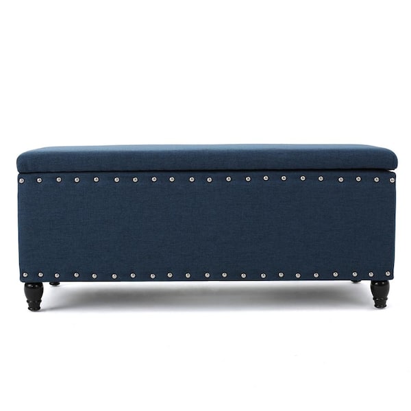 Noble House Tatiana Navy Blue Polyester Storage Bench with Studs