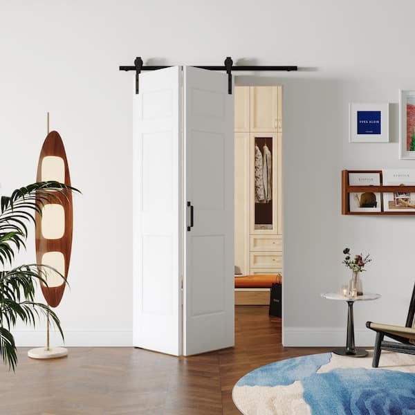 42 in. x 84 in. White Finished, MDF, 6 Panel Bi-Fold Style Sliding Barn Door with Hardware Kit