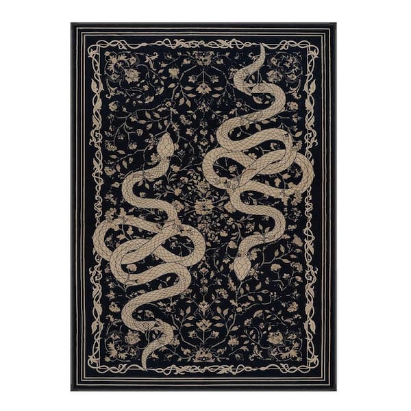 Washable Vintage Snake Pattern Non Slip Black Serpent 5 ft. x 7 ft. Living Room/Bedroom Indoor Area Rug