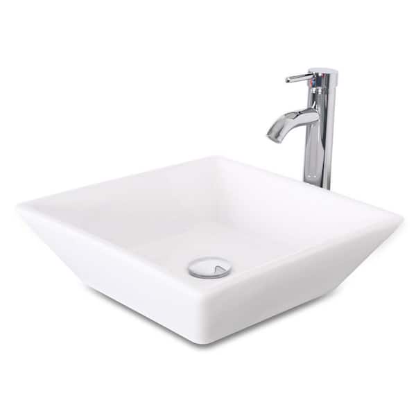 eclife White Ceramic Square Vessel Sink with Chrome Faucet Pop Up Drain Set