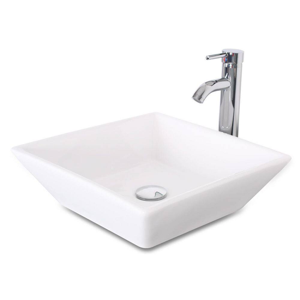 White Ceramic Square Vessel Sink with Chrome Faucet Pop Up Drain Set price history on PriceWatchPro
