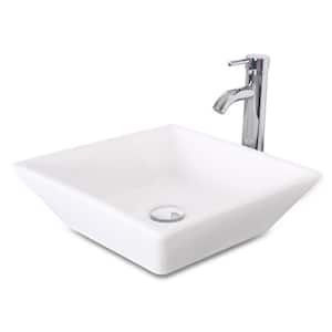 White Ceramic Square Vessel Sink with Chrome Faucet Pop Up Drain Set