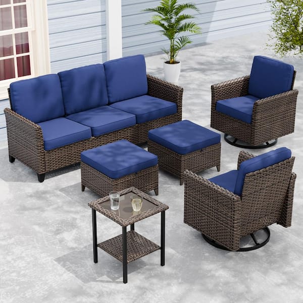 6-Piece Mix Brown Wicker Patio Conversation Set Wide Armrest 3-Seat Sofa Set, Blue Cushions, Swivel Chairs