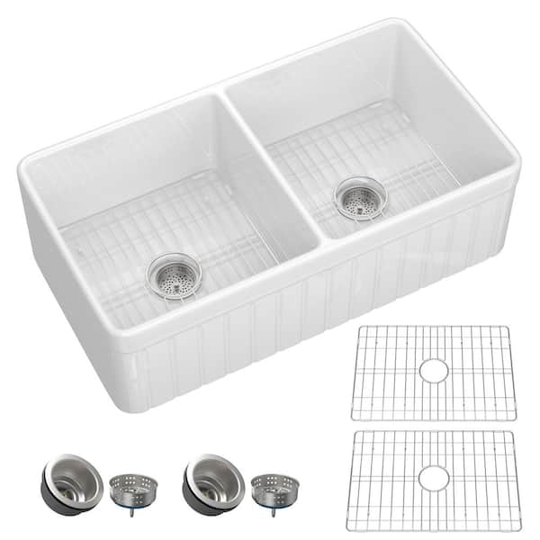 Zeafive Goz 33 in. Apron Front Farmhouse Sink Rectangular White Double Bowl Center Drain Fireclay Kitchen Sink with Accessories