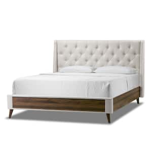 Arlo Beige Fabric Twin Upholstered Headboard Bed with Wings and Button Tufting