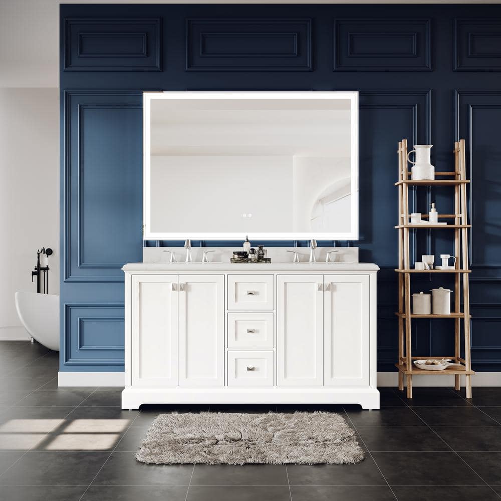60'' White Double Freestanding Bathroom Vanity with Marble Top