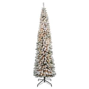 8 ft. Flocked Pencil Artificial Christmas Tree with 500 Clear Lights and 646 Bendable Branches
