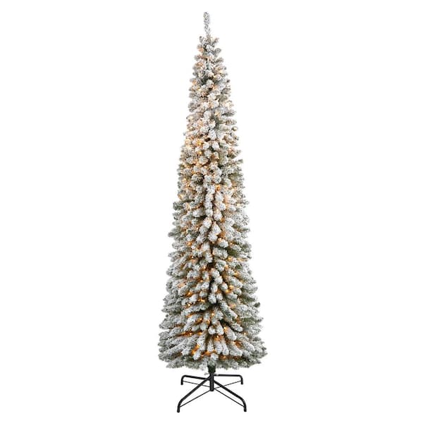 Nearly Natural 8 ft. Flocked Pencil Artificial Christmas Tree with 500 Clear Lights and 646 Bendable Branches