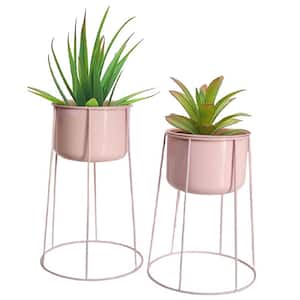 Set of 2 Decorative Contemporary Pink Metal Flower Planter Holder with Stand for Entryway, Living Room or Dining Room