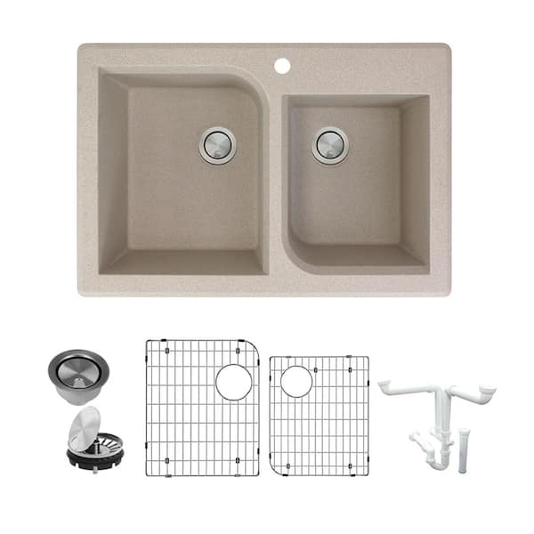 Transolid Radius All-in-One Drop-in Granite 33 in. 1-Hole 1-3/4 in. D-Shape Double Bowl Kitchen Sink in Cafe Latte