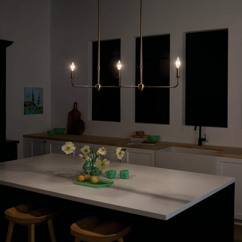 Brushed Natural Brass 3-Light Linear Chandelier with Fabric Shades