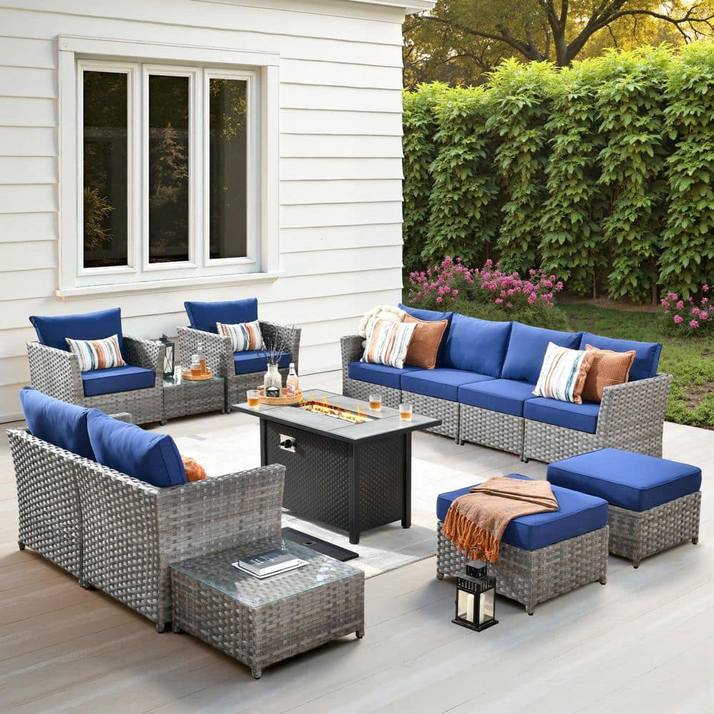Eufaula Gray 13-Piece Wicker Modern Outdoor Patio Fire Pit Conversation Sofa Seating Set with Navy Blue Cushions price history on PriceWatchPro