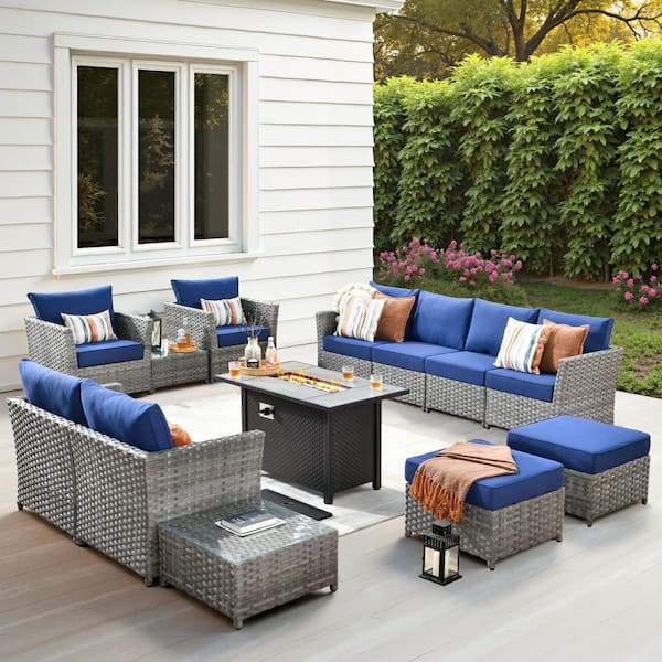 Toject Eufaula Gray 13-Piece Wicker Modern Outdoor Patio Fire Pit Conversation Sofa Seating Set with Navy Blue Cushions
