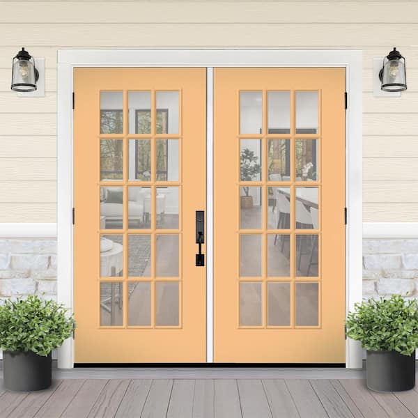 Reliant 64 in. x 80 in. Full Lite 15L Clear Glass RHOS Jackfruit Finish Fiberglass Double Prehung Front Door 4 in. Jamb