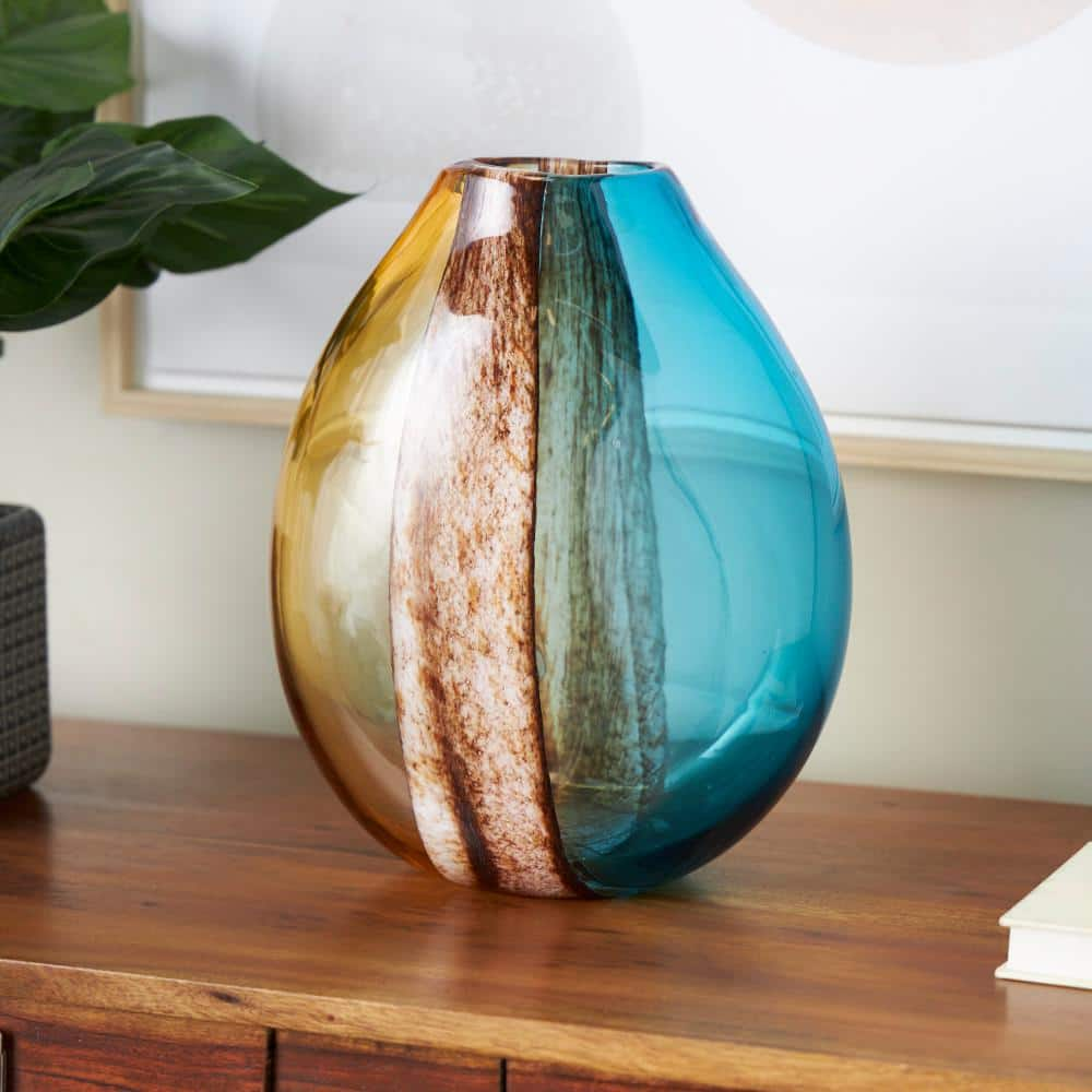 Litton Lane Multi-Colored Rounded Ombre Glass Decorative Vase with Brown Textured Stripe Details