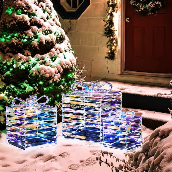 3-Pieces 90-Count LED Lighted White Christmas Gift Boxes Decorations