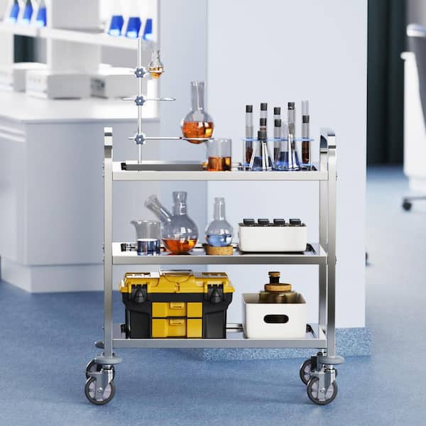 Stainless Steel Cart, 3 Layers Lab Utility Cart 400 lbs. Capacity, Medical Cart with Lockable Wheels Kitchen Cart Silver