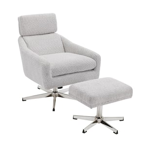 Beige Linen Upholstery Swivel Arm Chair with Ottoman