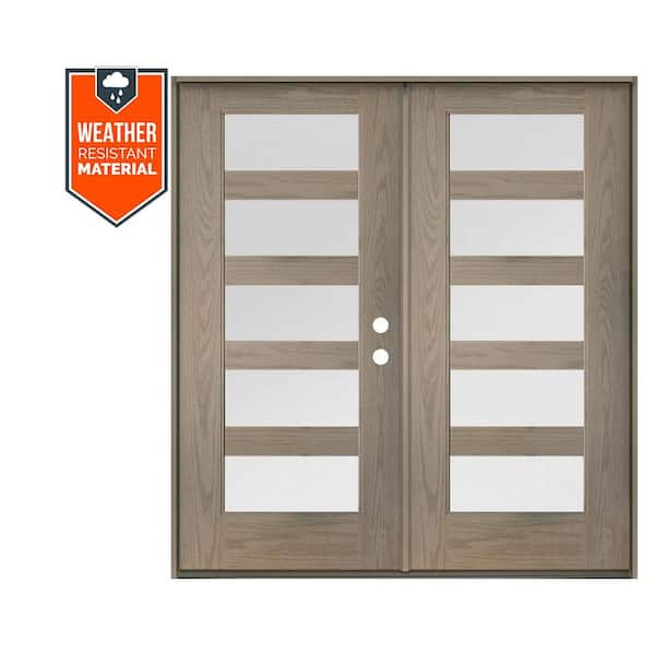 Modern 72 in. x 79 in. 5-Lite Left-Active/Inswing Satin Glass Oiled Leather Stain Double Fiberglass Prehung Front Door