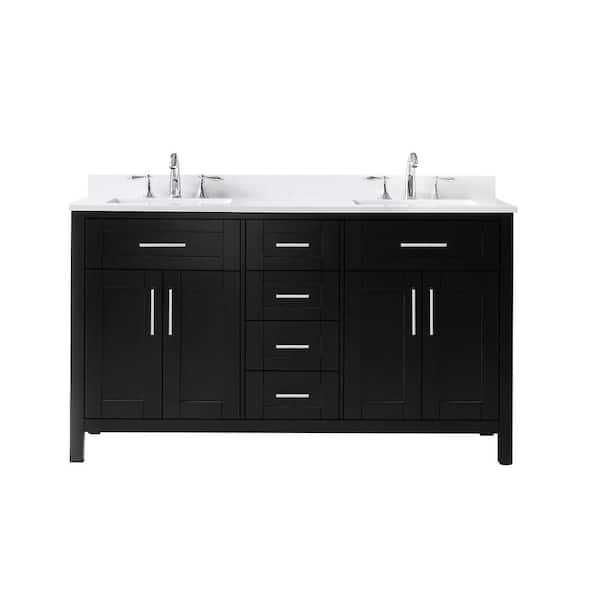 Tahoe 60 in. Double Sink Espresso Bath Vanity with White Engineered Stone Top and Integrated Power Outlet (Assembled)