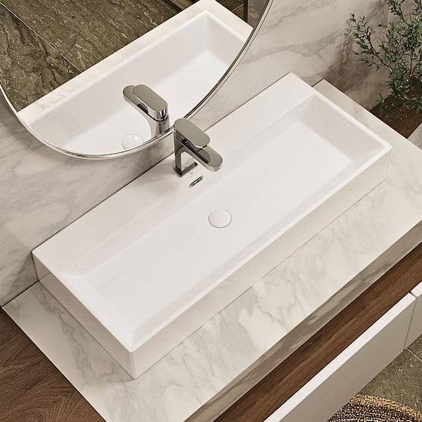 Los Flexi 39 in. Bathroom Vessel Sink White Premium Ceramic Trough Sink with Pop-Up Drain, Unique Overflow Design
